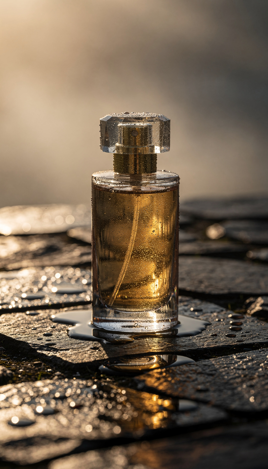 perfume bottle on wet stone, morning light
